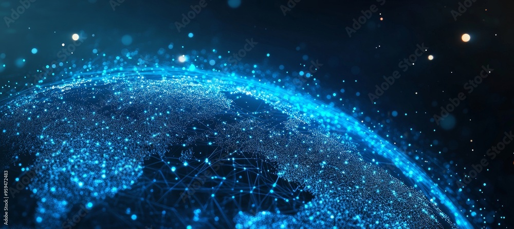 Poster Abstract blue glowing globe with lines and dots representing the network and connection on a dark background.