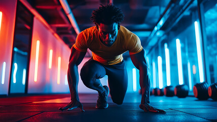 Fototapeta premium A man performing a high-intensity interval training workout in a spacious urban studio with vibrant colors and energetic atmosphere