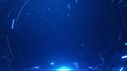 Fototapeta premium Futuristic dark blue background with complex light trajectories, glowing lines, particles, and sparkles. Capturing the essence of the AI era through ray tracing, speed lines, and vignetting in a panor