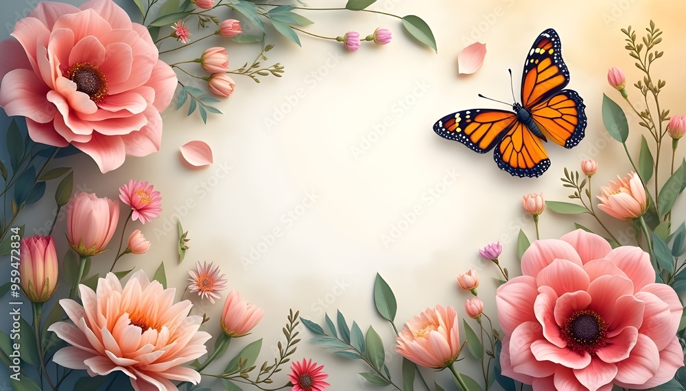 Sticker frame of flowers and butterflies