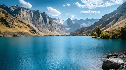Obraz premium Serene Beauty of Iskanderkul Lake in Tajikistan amidst Turquoise Waters and Majestic Mountains