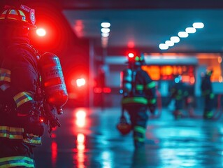 Emergency lights flashing at a fire station, firefighters with extinguishers ready to deploy