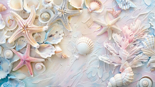 07250736 199. A detailed abstract design featuring starfish and seashells in a palette of pastel colors; the soft pinks, blues, and lilacs intertwine, forming a beautiful and serene coastal-inspired