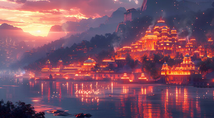 Waterfront City Lights at Sunset Illustration