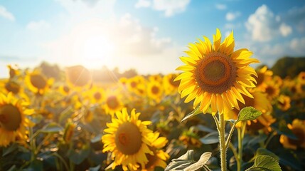 Naklejka premium 07250736 205. A vibrant sunflower field stretching out under a bright, cloudless sky, with the sun casting a warm glow over the landscape, evoking a feeling of warmth and comfort in the summer season