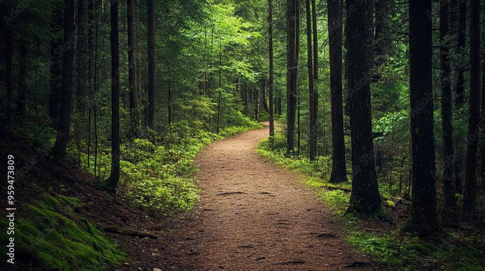 Poster winding forest path with sunlight dappling through trees