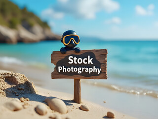 Obraz premium Small Cute Little Scuba Diving Character On A Wooden Sign On The Beach Sand That says “Stock Photography” Waves Soft Sand Palm Trees