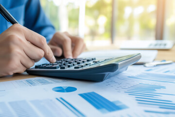accountant working on desk using calculator for calculate finance report in office 