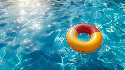07250736 217. A colorful inflatable pool ring gently drifting on the serene blue water of a swimming pool, with sunbeams dancing on the surface, evoking a carefree summer vibe