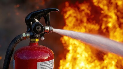 Closeup of fire extinguisher being discharged, fire station emergency scenario, intense flames