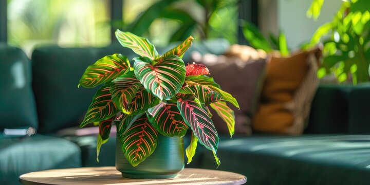 Vibrant Maranta plant with distinct red stripe foliage displayed on a table in a verdant living space rich in plant life.