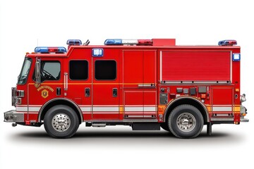 Red Fire Truck Isolated on White Background.