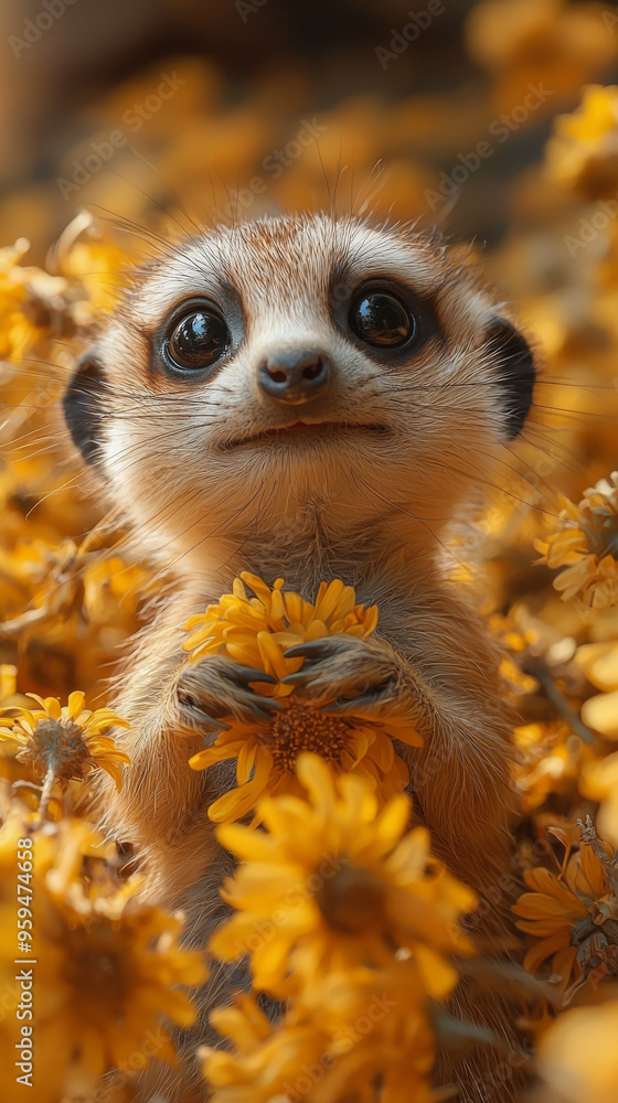 Wall mural A curious meerkat peeks out from a field of yellow flowers, its big eyes sparkling with wonder.