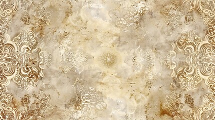 07250736 223. A detailed vintage background with seamless repeating motifs of antique lace, paisley designs, and subtle damask patterns, in faded sepia and beige hues, creating an old-world charm