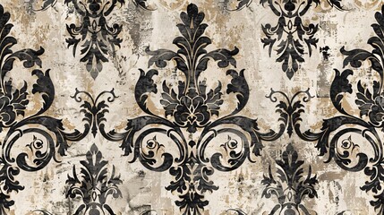 07250736 224. An intricate vintage seamless pattern with baroque-style elements, including swirling vines, detailed leaves, and classic fleur-de-lis designs, all in a subdued color palette with a