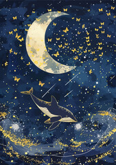 Whimsical Night Sky with Whale and Butterflies
