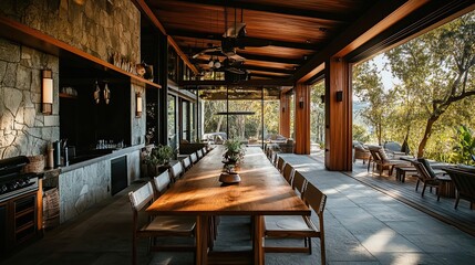 Fototapeta premium Modern Dining Room with Stone Walls and Forest View