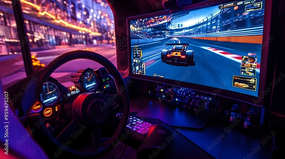 Poster immersive gaming workstation with racing simulation on high-end display
