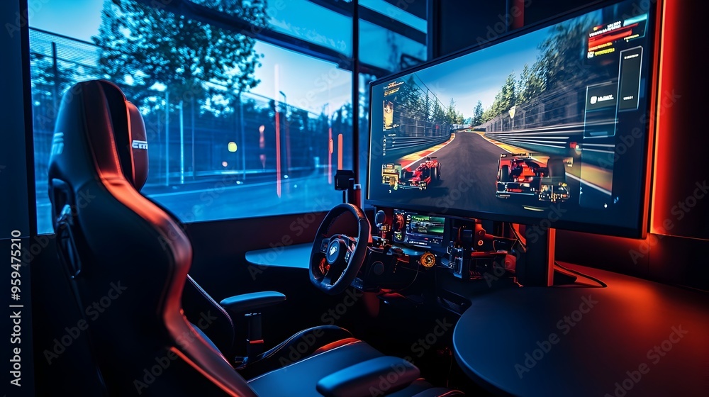 Poster immersive racing simulation on high-end gaming setup in modern workspace