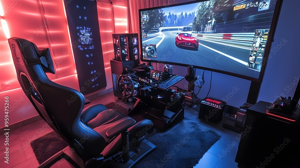 Poster high-end gaming setup displaying racing simulation on screen