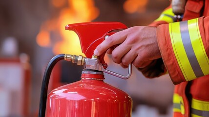 Closeup of a firefighters hand gripping a fire extinguisher, emergency situation in a fire station