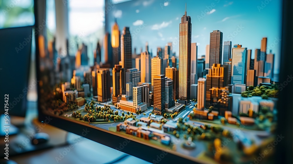 Poster city-building simulation game on computer screen showcasing dynamic urban landscape