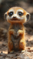 Fototapeta premium A small meerkat with big, curious eyes looks directly at the camera.