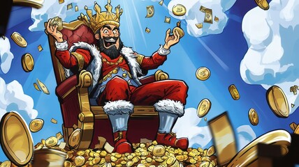 A cartoon king sits on his throne, surrounded by coins, exuding wealth and power under a bright blue sky.