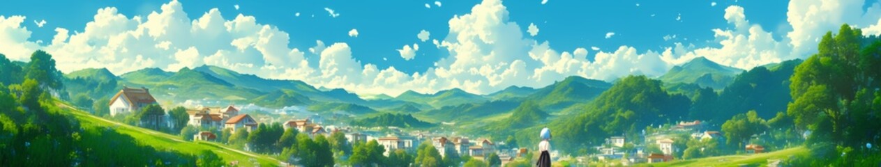 Fototapeta premium Enchanting Mountain Town: Anime-Inspired Cultural Haven. Inclusive Community in Cartoon Style. Freedom and Diversity Celebration. Marketing Backdrop for Charming Destinations. End-of-Season Travel Pro