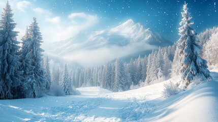 Obraz premium Heavy snowfall blanketing a mountain landscape, winter weather, cold and serene