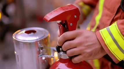 Closeup of a firefighters hand gripping a fire extinguisher, emergency situation in a fire station