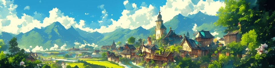 Enchanting Mountain Town: Anime-Inspired Cultural Haven. Inclusive Community in Cartoon Style. Freedom and Diversity Celebration. Marketing Backdrop for Charming Destinations. End-of-Season Travel Pro