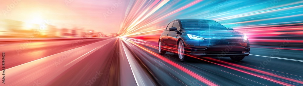 Poster a dynamic image of a car in motion, showcasing speed with vibrant light trails during sunset on an o