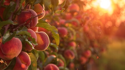 07250736 253. A peach orchard in full bloom during the golden hour, capturing the soft, velvety texture of the peaches on the trees, with vibrant shades matching the color of the year, set against a