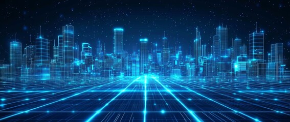 Fototapeta premium A futuristic cityscape with glowing blue lines, representing digital technology and a connected world.
