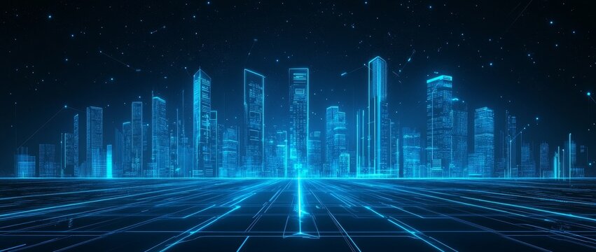 Futuristic city skyline with glowing lines, representing technology and progress.