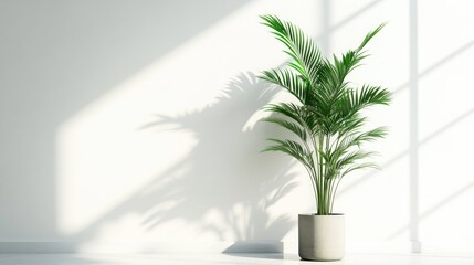A potted palm tree stands on a white floor in front of a white wall with a window, casting shadows from the light shining through the window.
