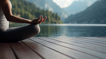 A woman doing a yoga pose on a wooden deck overlooking a peaceful lake with mountains in the background