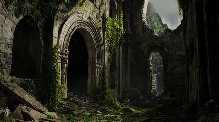 Fototapeta premium An ancient ruin enveloped in lush greenery, showcasing crumbling stone arches and an air of mystery.