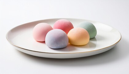 Colorfull mochi on white plate with white background isolated