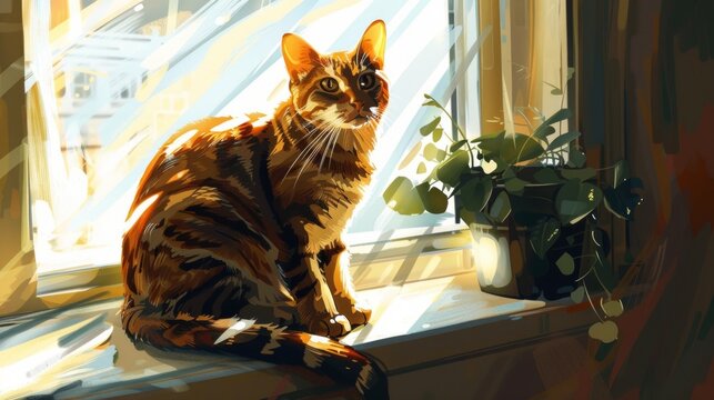 Illustrate a delightful cat sitting on a windowsill, bathed in sunlight, with an affectionate expression and a relaxed posture, enjoying the view.