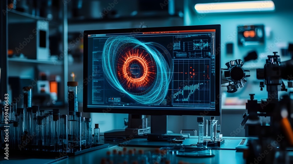 Poster cutting-edge physics lab with digital simulation of harmonic motion on monitor