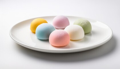 Colorfull mochi on white plate with white background isolated