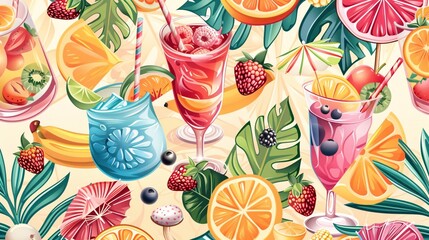 07250736 260. An intricate vector seamless pattern featuring a collection of summer-themed elements such as stylish cocktails with straws and umbrellas, colorful ice cream sundaes, and an assortment