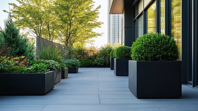 Modern Rooftop Garden with Planters and City Views