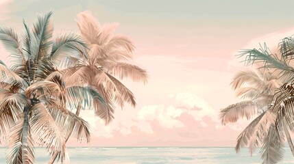 Obraz premium 07250736 272. A pastel-toned tropical scene showcasing palm trees and palm leaves in soft, muted colors, set against a minimalistic summer background to evoke a calm and tranquil exotic beach vibe