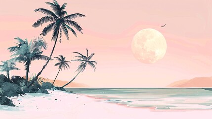 Obraz premium 07250736 273. An elegant summer pastel illustration with a tropical theme, featuring softly colored palm trees and palm leaves, creating a minimalistic yet visually soothing exotic beach setting