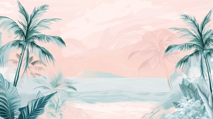 Obraz premium 07250736 273. An elegant summer pastel illustration with a tropical theme, featuring softly colored palm trees and palm leaves, creating a minimalistic yet visually soothing exotic beach setting