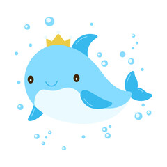 Cute Dolphin Cartoon Character Wearing Crown Swimming in the Sea with Happy Expression