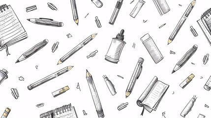 Fototapeta premium 07250736 276. A seamless pattern featuring school supplies such as pencils, pens, and notebooks, illustrated in black line doodle style on a white background, with each item creatively designed to